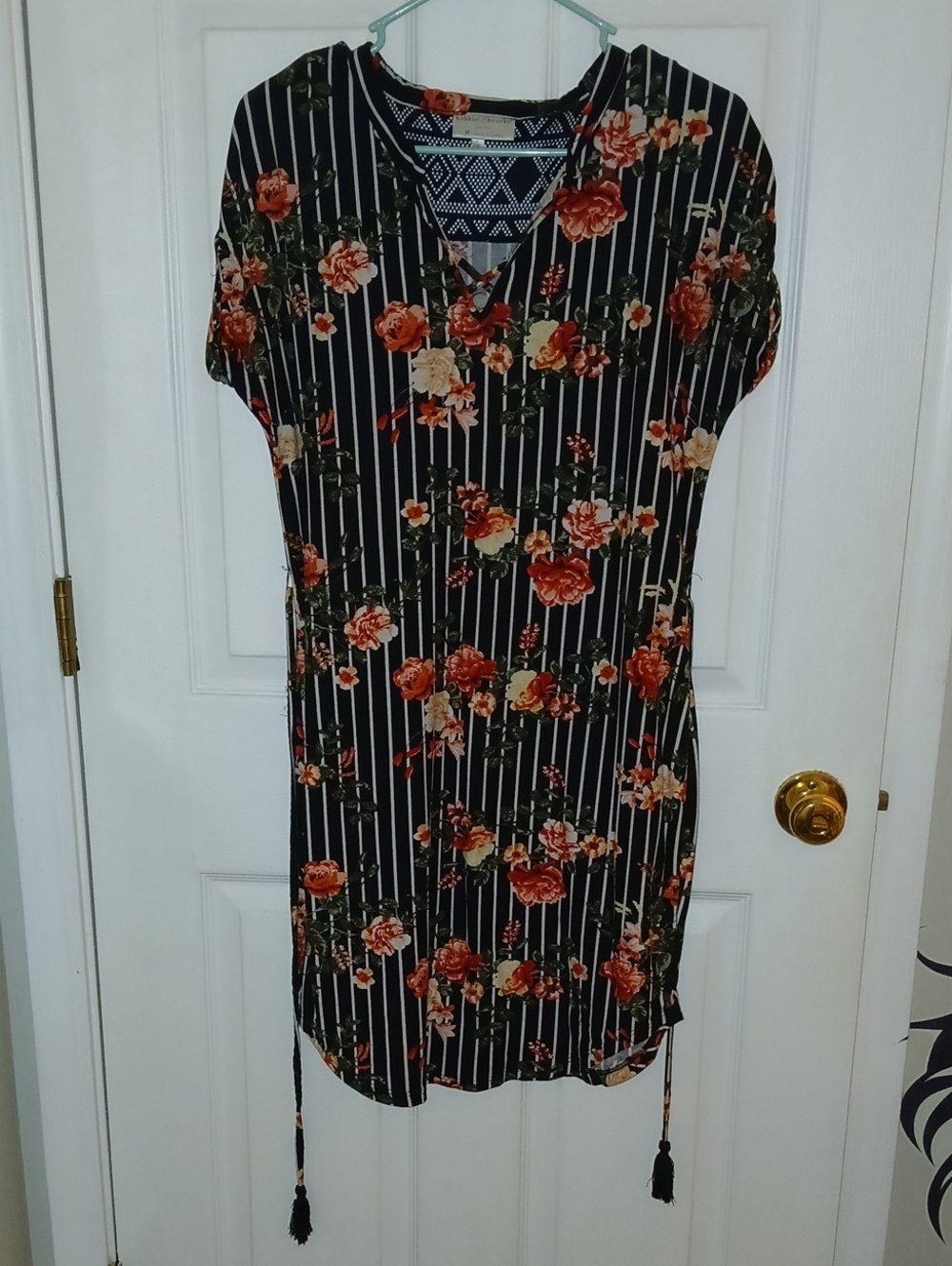 Bobbie Brooks Black Striped Midi Dress with Rust Floral Print